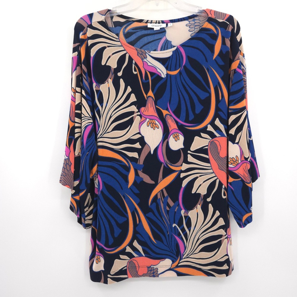 Chico's Floral slinky knit Tunic Top Womens Size L multi color 3/4 Kimono Sleeve